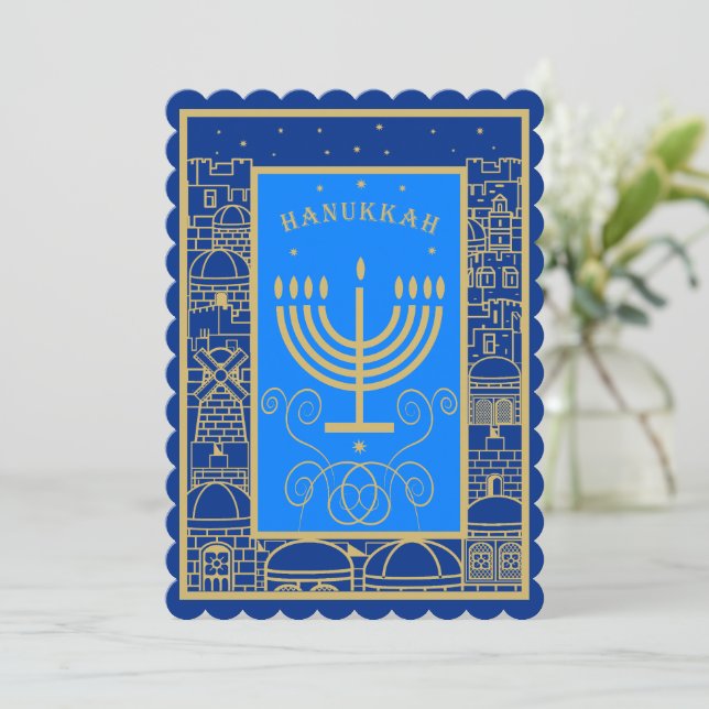 Happy Hanukkah Gold Menorah Jewish Holiday (Standing Front)