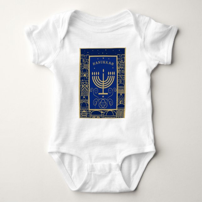 Happy Hanukkah Gold Menorah Jewish Holiday Baby Bodysuit (Front)