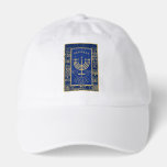Happy Hanukkah Gold Menorah Jewish Holiday Hat<br><div class="desc">Happy Hanukkah Beautiful Jewish Holiday Festival of lights, celebration. Jewish Holiday Hanukkah Vintage Jerusalem. gold ornamental decorative frame, navy blue background with traditional Chanukah symbols - Gold Menorah, Golden Hanukkiah Candelabrum and Candles, star of David and glowing lights wallpaper pattern. Hanukkah Festival Decoration, celebrate Winter Anniversary. Perfect gift for him,...</div>