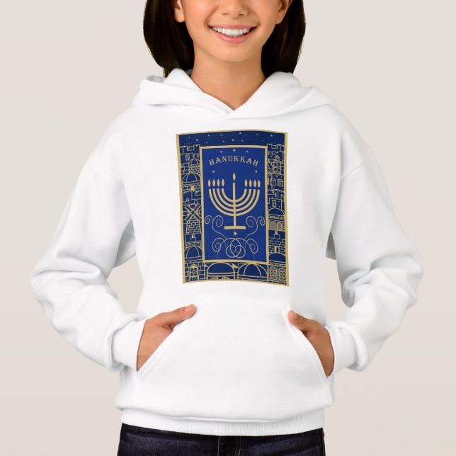 Happy Hanukkah Gold Menorah Jewish Holiday Hoodie (Front)