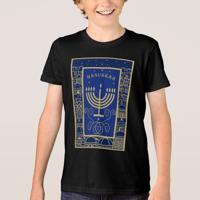 Happy Hanukkah Gold Menorah Jewish Holiday Tri-Blend Shirt (Front)