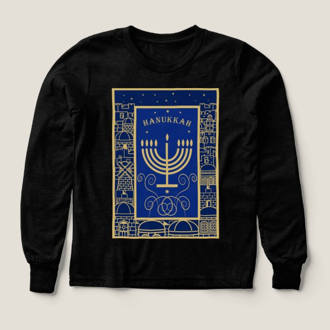 Happy Hanukkah Gold Menorah Jewish Holiday Tri-Blend Shirts (Design Front)