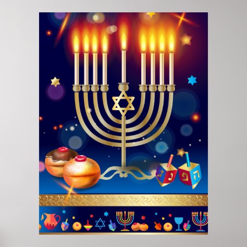Happy Hanukkah Gold Menorah Lights Art Poster