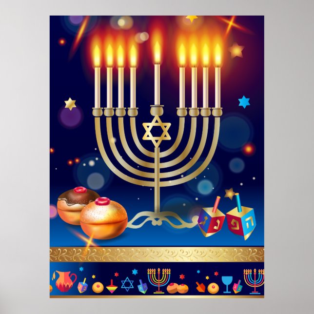 Happy Hanukkah Gold Menorah Lights Art Poster (Front)