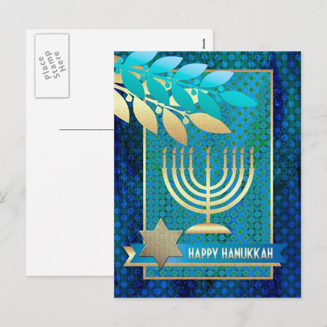 Happy Hanukkah. Gold Menorah & Star of David Holiday Postcard (Front/Back)