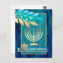 Happy Hanukkah. Gold Menorah &amp; Star of David Holiday Postcard