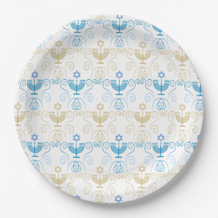 Happy Hanukkah Gold Menorah Vintage Pattern Paper Plates