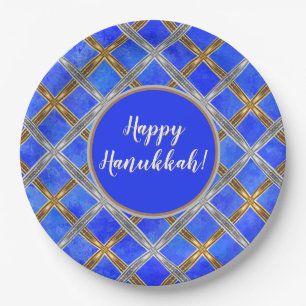 Happy Hanukkah Gold, Silver, and White Laced Paper Plates