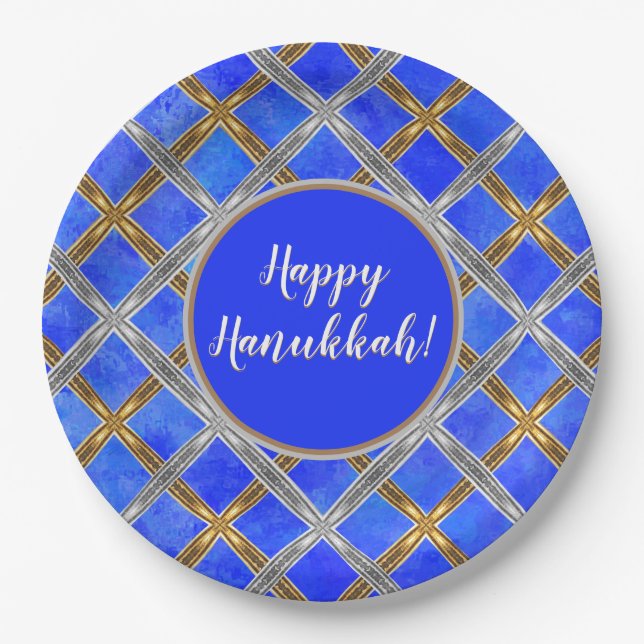 Happy Hanukkah Gold, Silver, and White Laced Paper Plates (Front)