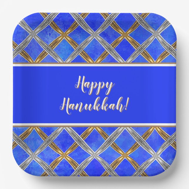 Happy Hanukkah Gold, Silver, and White Laced Paper Plates (Front)