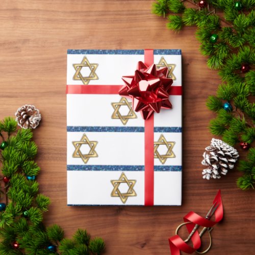 Happy Hanukkah Gold Star of David White Blue Wrapping Paper