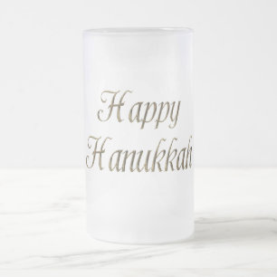 Happy Hanukkah Gold Typography Elegant Chanukah Frosted Glass Beer Mug