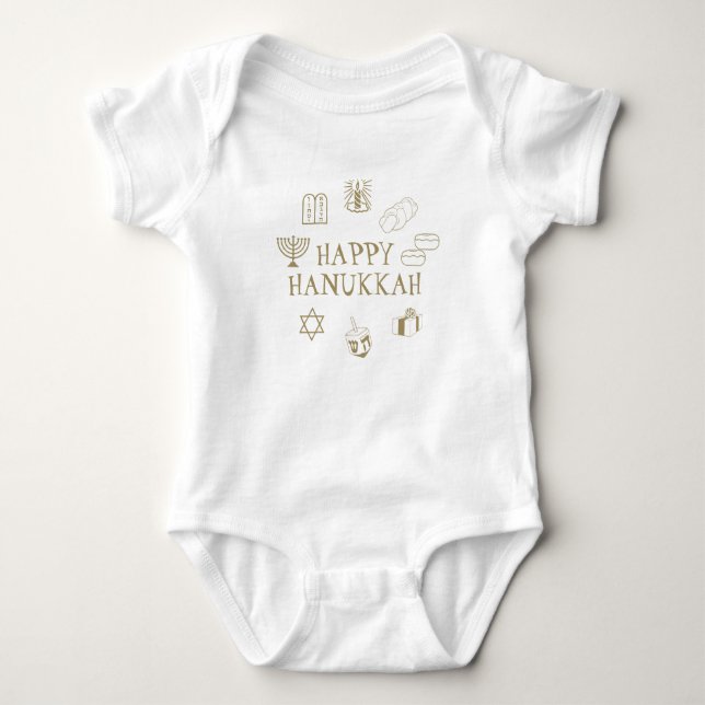 Happy Hanukkah gold white custom cute Baby Bodysuit (Front)