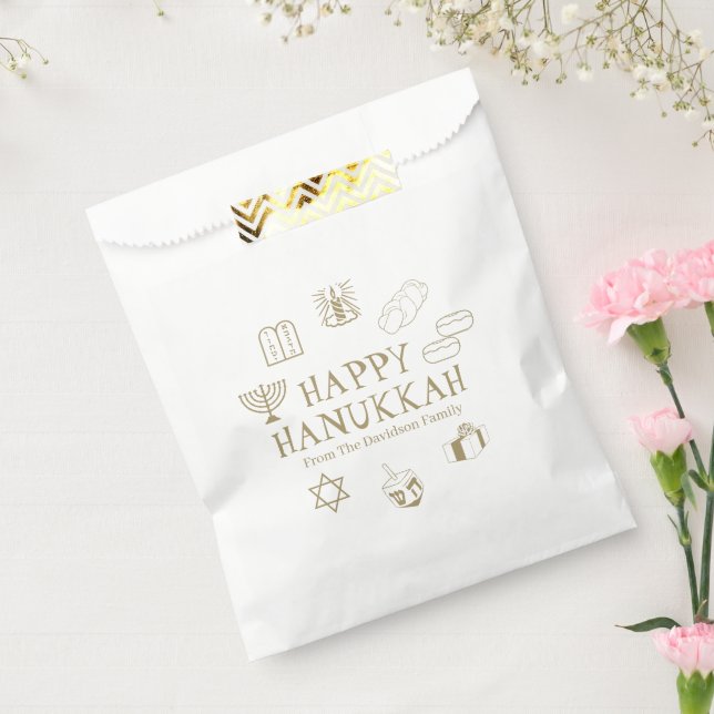 Happy Hanukkah gold white custom family name Favor Bag (Sealed)