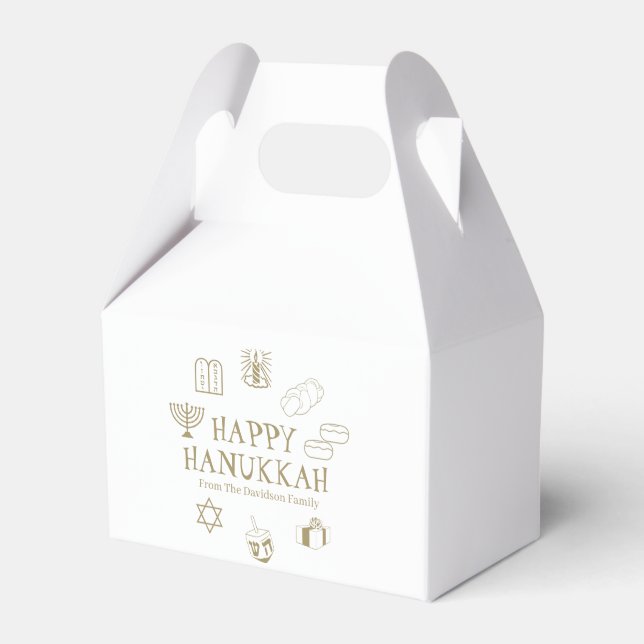 Happy Hanukkah gold white custom family name Favor Boxes (Front Side)