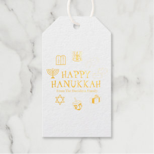 Happy Hanukkah gold white custom family name Foil Gift Tags