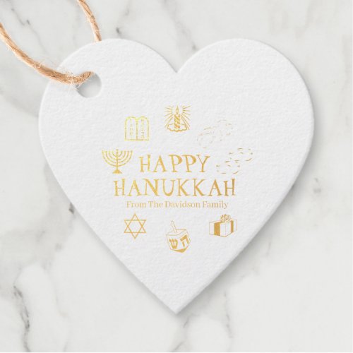 Happy Hanukkah gold white custom family name heart Foil Favor Tags
