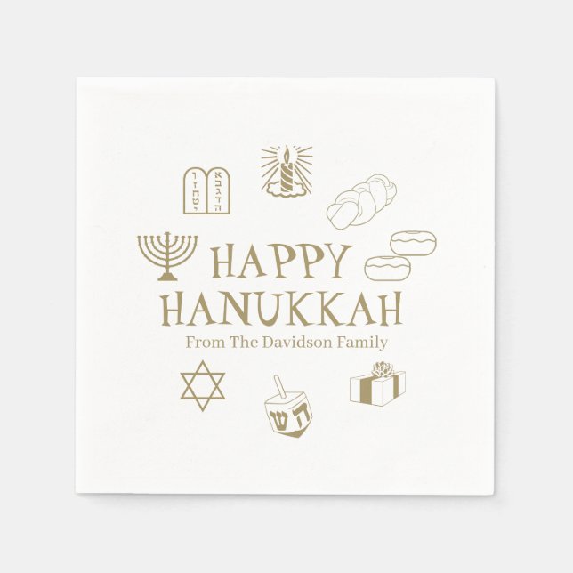 Happy Hanukkah gold white custom family name Napkins (Front)