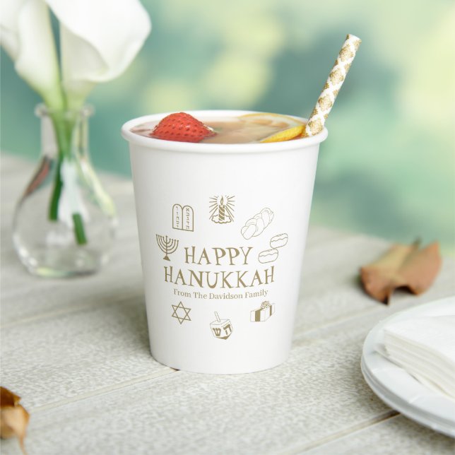 Happy Hanukkah gold white custom family name Paper Cups (Insitu)