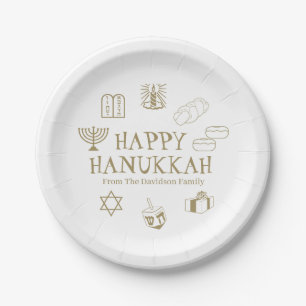 Happy Hanukkah gold white custom family name Paper Plates