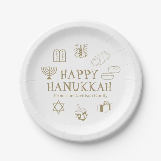 Happy Hanukkah gold white custom family name  Paper Plates (Front)
