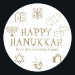 Happy Hanukkah gold white custom name gift favor Classic Round Sticker<br><div class="desc">Happy Hanukkah,  customize family name gift favor stickers 
Happy Hanukkah,  Happy Chanukah,  Hanukkah Sameach!,  Chag Sameach!,  Chag Urim Sameach!
faux gold and white</div>