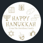 Happy Hanukkah gold white custom name gift favor Classic Round Sticker<br><div class="desc">Happy Hanukkah,  customize family name gift favor stickers 
Happy Hanukkah,  Happy Chanukah,  Hanukkah Sameach!,  Chag Sameach!,  Chag Urim Sameach!
faux gold and white</div>