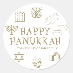 Happy Hanukkah gold white custom name gift favor Classic Round Sticker