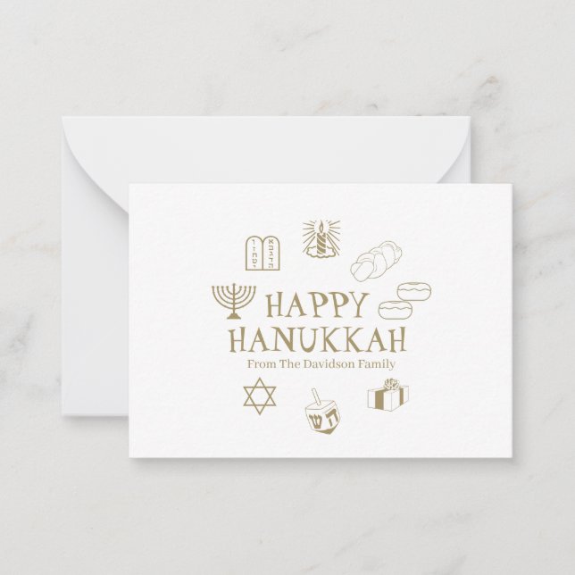 Happy Hanukkah gold white custom name Note Card (Front)