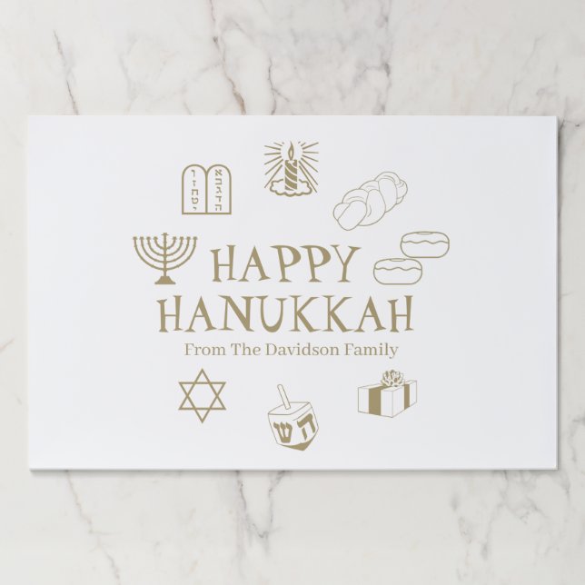 Happy Hanukkah gold white custom name placemats (Front)