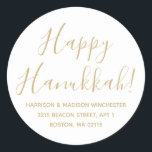 Happy Hanukkah gold white script return address Classic Round Sticker<br><div class="desc">Happy Hanukkah gold and white modern custom script calligraphy name and address personalized Hanukkah return address stickers.
Fully customizable faux gold text,  white background.
Elegant,  simple,  modern design.</div>