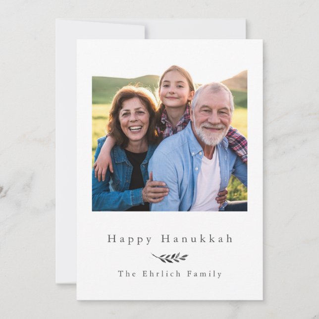 Happy Hanukkah Gray and White Photo Holiday Card (Front)