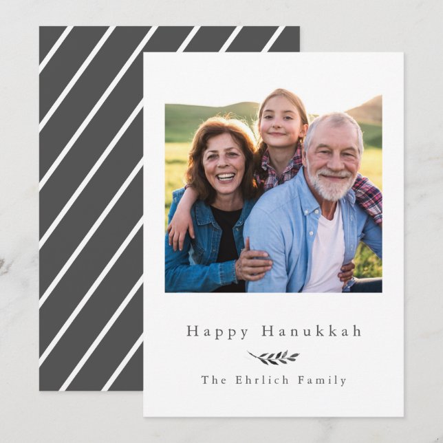 Happy Hanukkah Gray and White Stripes Photo Holiday Card (Front/Back)