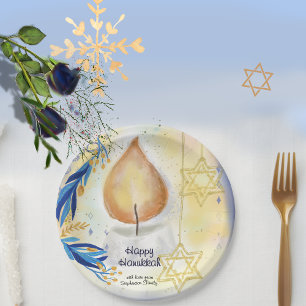 Happy Hanukkah Greeting Candle Light Paper Plates