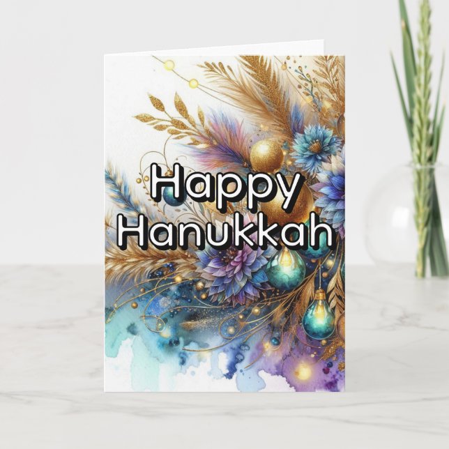Happy Hanukkah Greeting Card - Blue Gold Abstract  (Front)