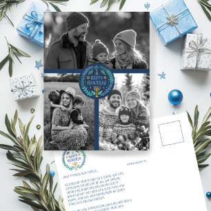 Happy Hanukkah Hand-Drawn CUSTOM 3 PHOTO Holiday Postcard
