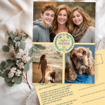 Happy Hanukkah Hand-Drawn CUSTOM 3 PHOTO Holiday Postcard<br><div class="desc">Hope you like this holiday design. Add your own photos to the front by clicking "Personalize this template". Be sure to arrange your photos under circle image and artwork. Everything is adjustable. Edit the text on the back too by clicking "personalize" and change the font and background colors. Check my...</div>