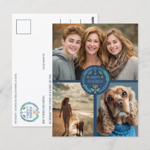 Happy Hanukkah Hand-Drawn CUSTOM 3 PHOTO Holiday Postcard