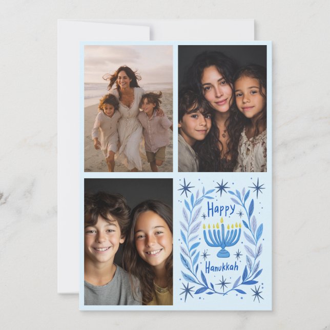 HAPPY HANUKKAH Hand-Drawn CUSTOM 3 PHOTO Letter Holiday Card (Front)