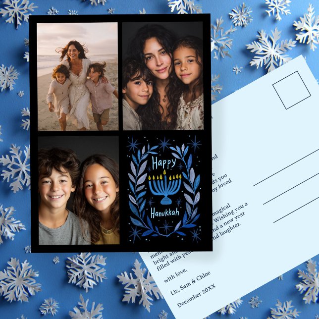 HAPPY HANUKKAH Hand-Drawn CUSTOM 3 PHOTO Letter Holiday Postcard (HAPPY HANUKKAH Hand-Drawn CUSTOM 3 PHOTO Collage Holiday Postcard
)