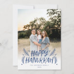 Happy Hanukkah Hand drawn Leaves Snow Blue Photo Holiday Card<br><div class="desc">Stylish,  elegant and personalized; featuring your photo with handwritten styled type accented by hand drawn pine leaves and berries. The back features a festive snow pattern.</div>