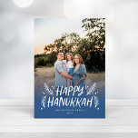 Happy Hanukkah Hand drawn Leaves Snow Full Photo H Holiday Card<br><div class="desc">Stylish,  elegant and personalized; featuring your photo with handwritten styled type accented by hand drawn pine leaves and berries. The back features a festive snow pattern.</div>