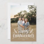 Happy Hanukkah Hand drawn Leaves Snow Full Photo Holiday Card<br><div class="desc">Stylish,  elegant and personalized; featuring your photo with handwritten styled type accented by hand drawn pine leaves and berries. The back features a festive snow pattern.</div>
