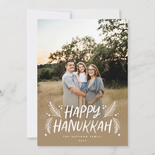 Happy Hanukkah Hand drawn Leaves Snow Full Photo Holiday Card