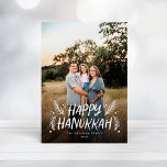 Happy Hanukkah Hand drawn Leaves Snow Full Photo Holiday Card<br><div class="desc">Stylish,  elegant and personalized; featuring your photo with handwritten styled type accented by hand drawn pine leaves and berries. The back features a festive snow pattern.</div>