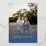 Happy Hanukkah Hand drawn Leaves Snow Photo Blue Foil Holiday Card<br><div class="desc">Stylish,  elegant and personalized; featuring your photo with handwritten styled type accented by hand drawn pine leaves and berries. The back features a festive snow pattern.</div>