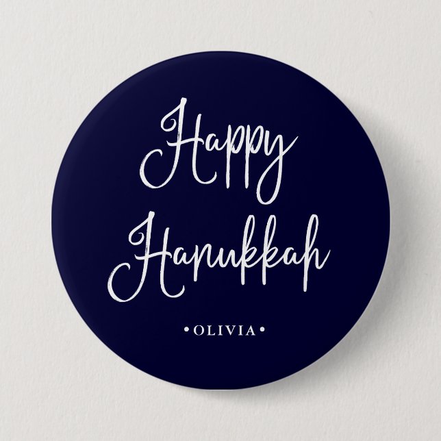 Happy Hanukkah | Handwritten Script on Navy Blue Button (Front)