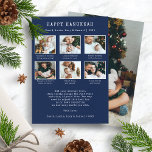 Happy Hanukkah Holiday Card<br><div class="desc">Happy Hanukkah Holiday Card. Elevate your heartfelt sentiments with our chic 'Happy Hanukkah' personalized photo holiday card. This stylish keepsake, featuring a vintage typewriter font and space for 7 (front and back) family photos, is a perfect blend of nostalgia and style. White text on an navy blue background amplifies its...</div>