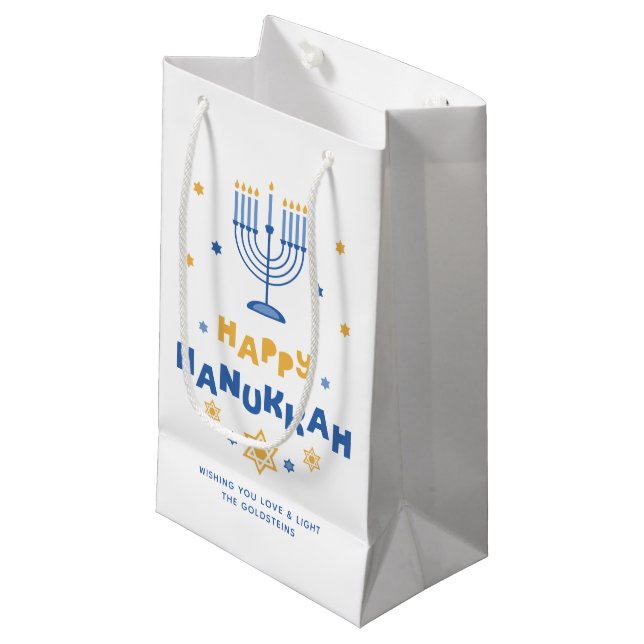 "Happy Hanukkah"  Holiday Card Small Gift Bag (Front Angled)