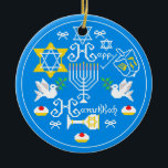 Happy Hanukkah  Holiday Ceramic Ornament<br><div class="desc">Happy Hanukkah! Celebrate Hanukkah  this year with beautiful holiday design. Navy blue background with white Menorah and another Hanukkah items.</div>